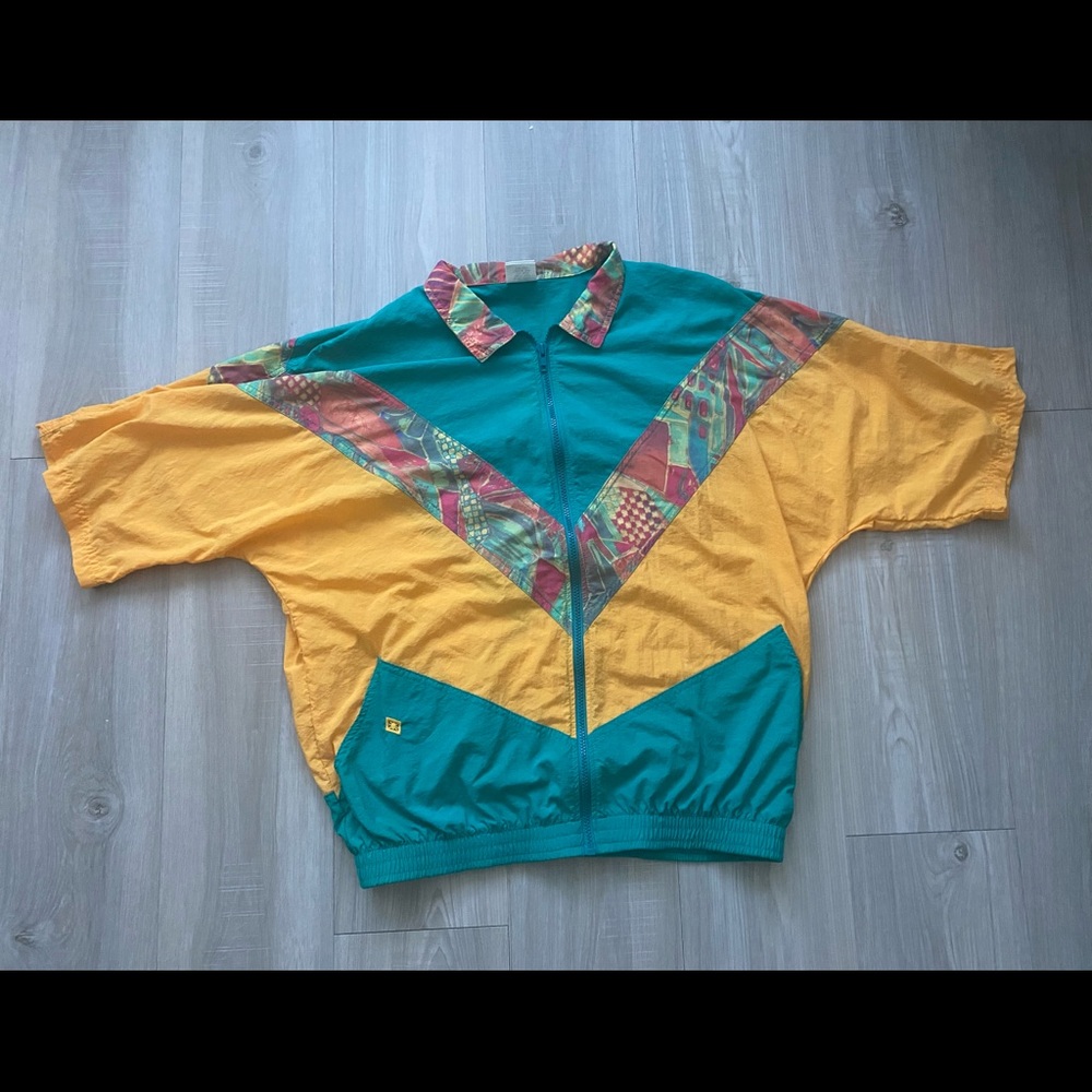 Vintage 1990s Floral Windreaker Jacket - Short Sleeve - Made USA - Large